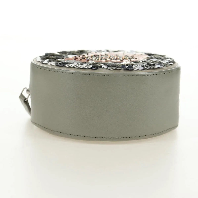 Chanel Round Clutch With Chain Sequins Gray Leather Bag