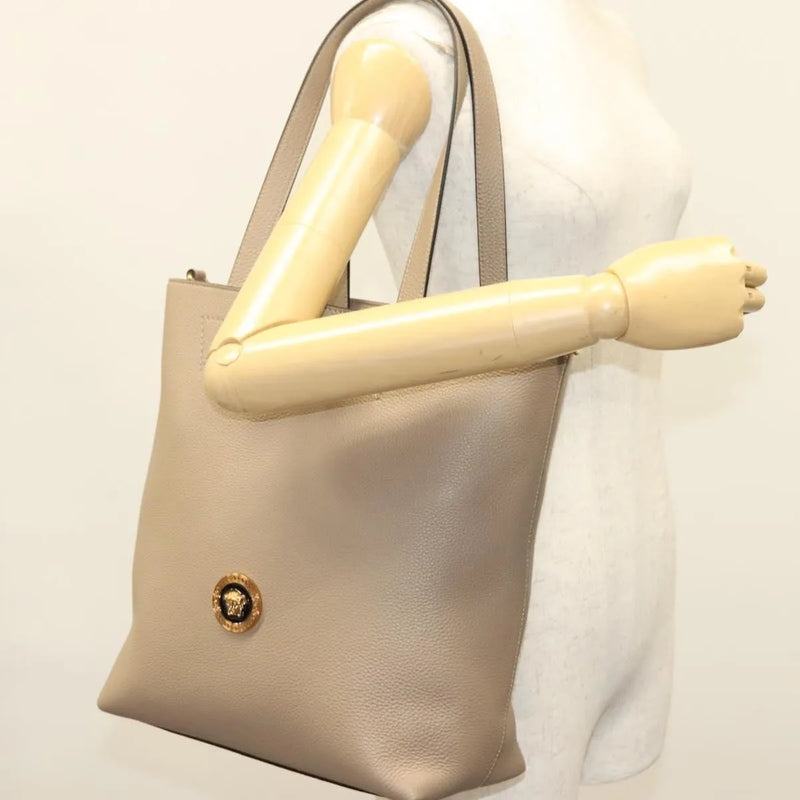 Versace La Medusa Tote Embossed Canvas Beige Leather Bag