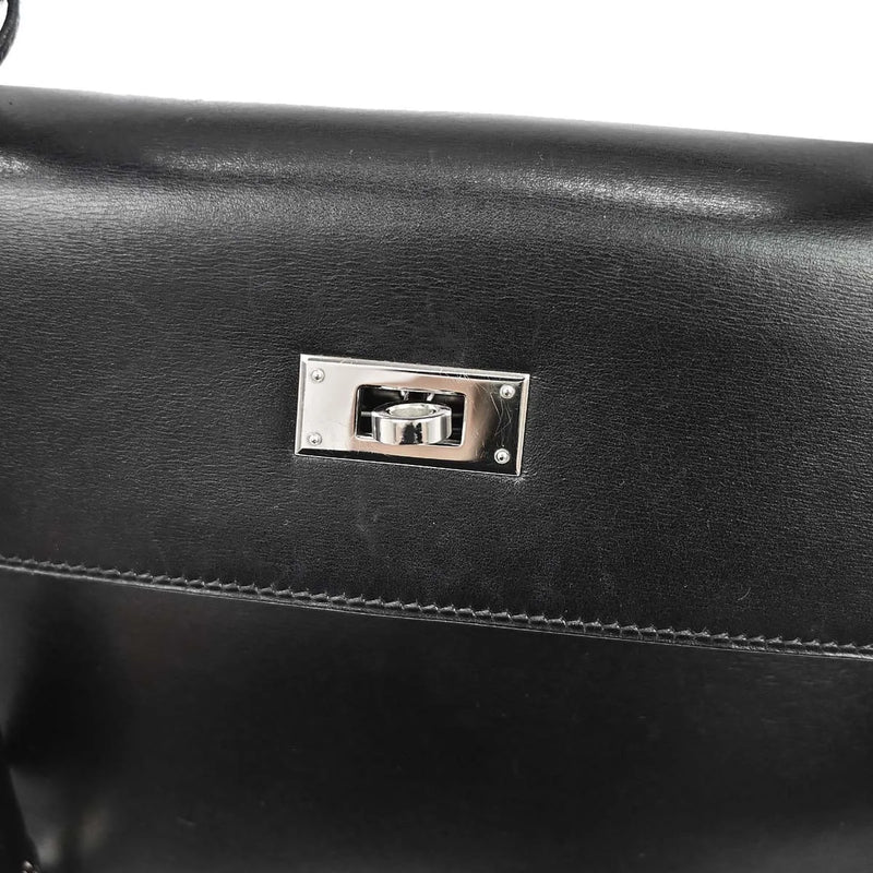 Hermes Kelly Black Box Calf With Palladium Hardware Leather Bag