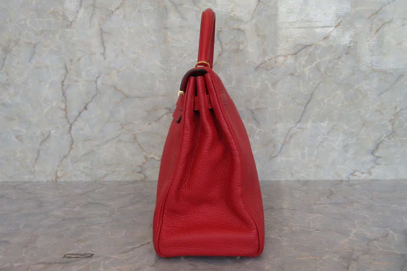 Hermes Kelly Red Clemence With Gold Hardware Leather Bag