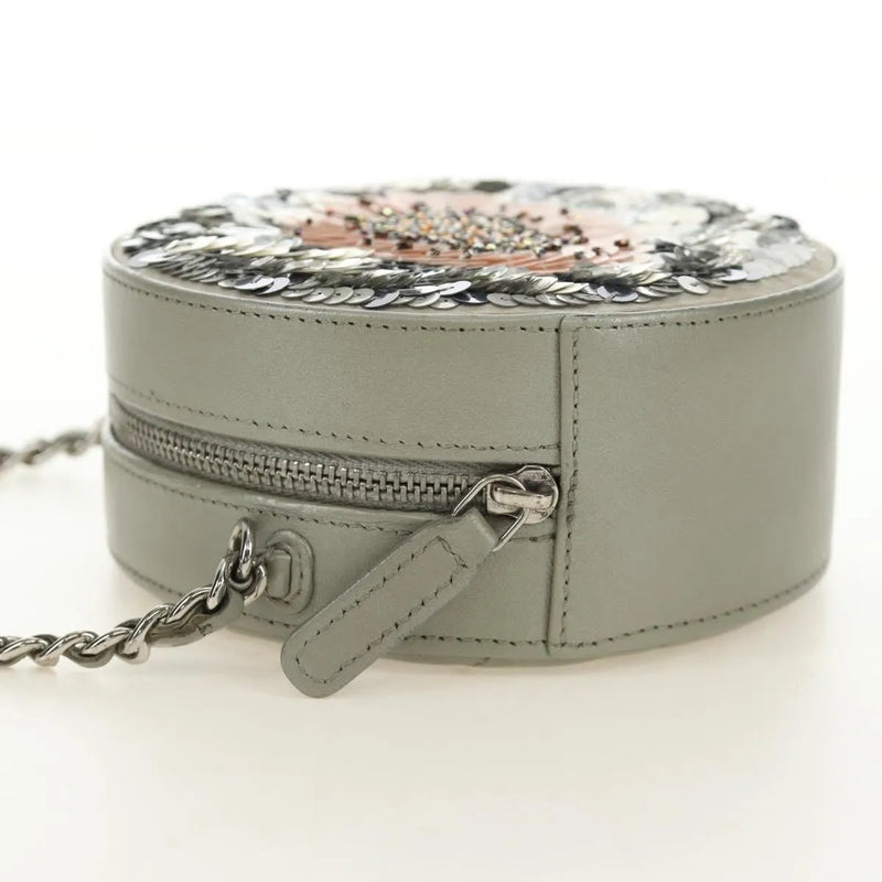 Chanel Round Clutch With Chain Sequins Gray Leather Bag
