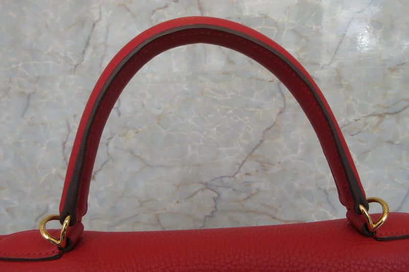 Hermes Kelly Red Clemence With Gold Hardware Leather Bag