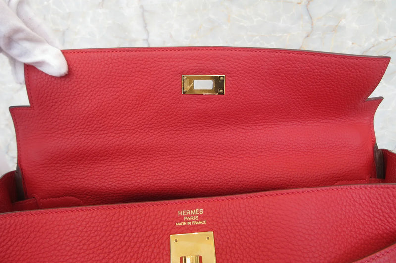Hermes Kelly Red Clemence With Gold Hardware Leather Bag