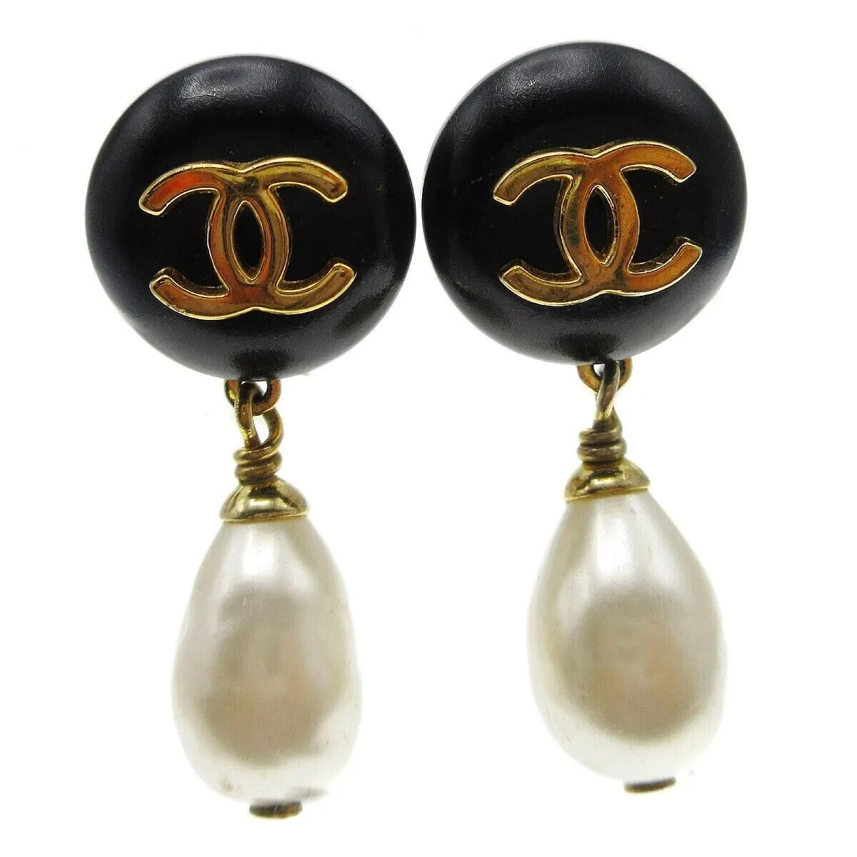 Chanel Vintage Cc Dangle Metal With Crystals Black Gold_plated Jewelry