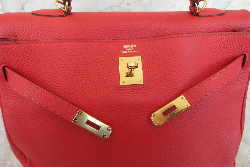 Hermes Kelly Red Clemence With Gold Hardware Leather Bag