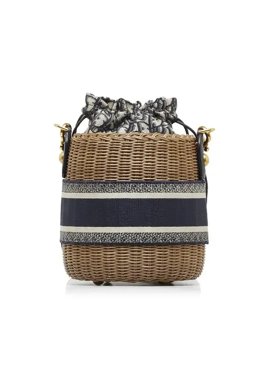 Christian Dior Drawstring Bucket Wicker With Oblique Canvas Neutral Bag