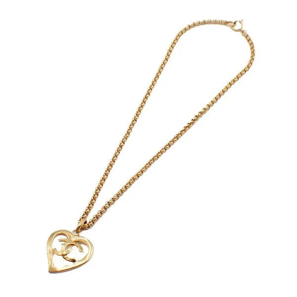 Chanel Vintage Cc Heart Pendant Long Metal Gold Gold_plated Jewelry