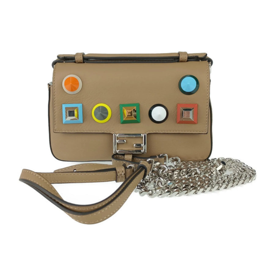 Fendi Chain Baguette Charm Leather Beige Bag