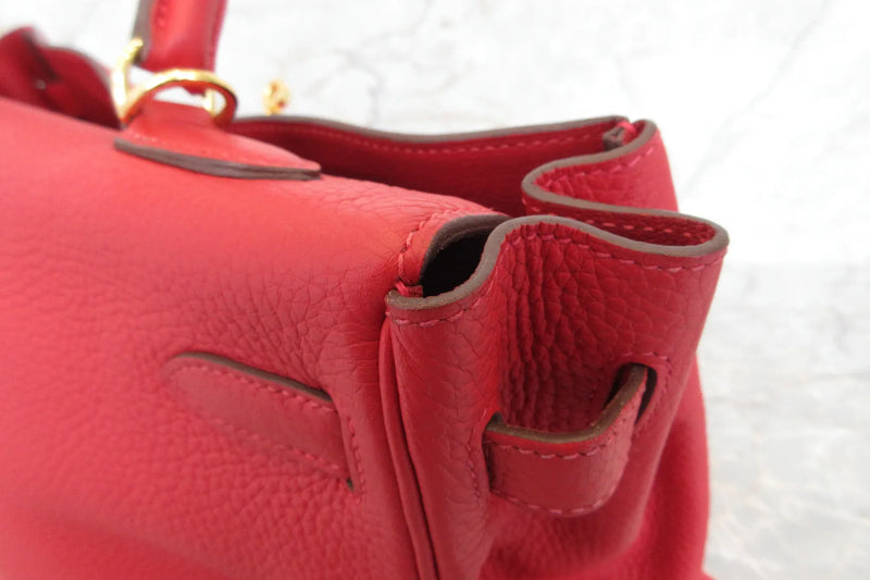 Hermes Kelly Red Clemence With Gold Hardware Leather Bag