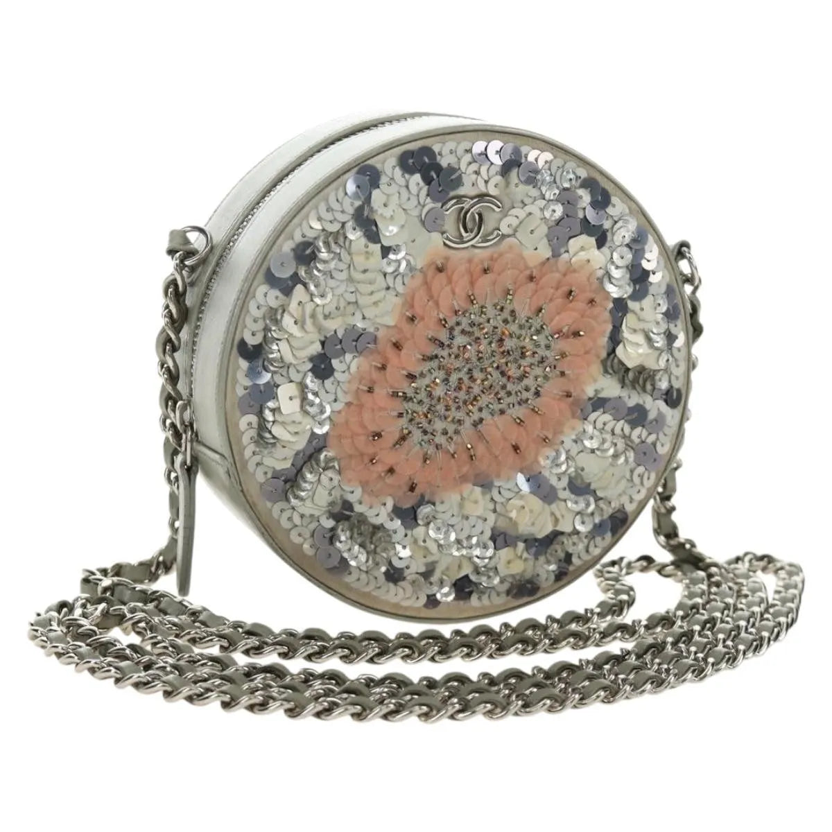 Chanel Round Clutch With Chain Sequins Gray Leather Bag