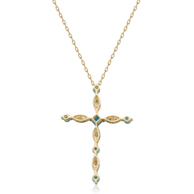 Yellow Gold Turquoise And Diamond Cross Pendant 14k