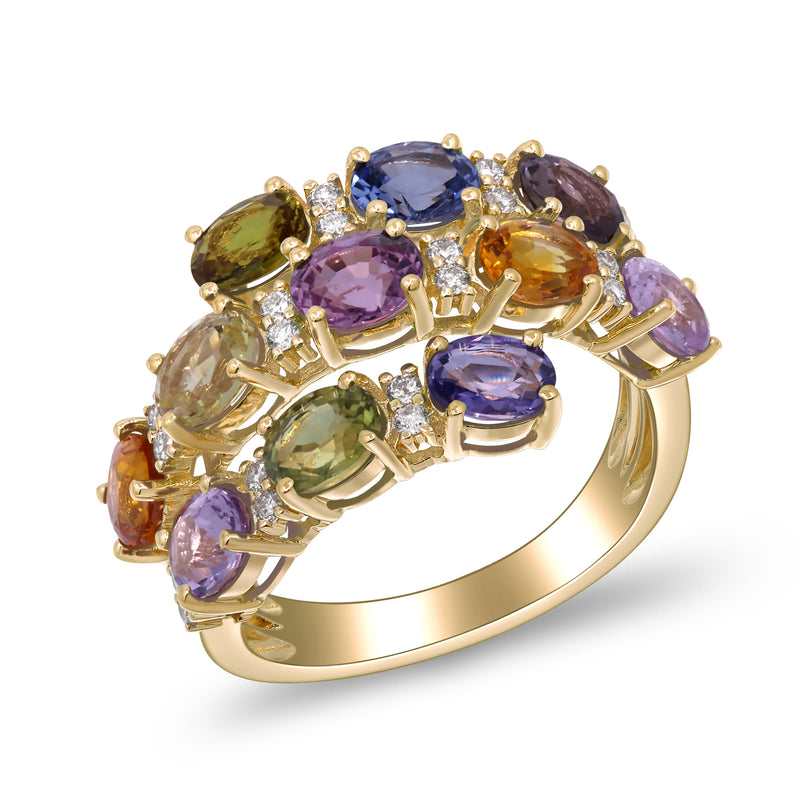 Yellow Gold Sapphire And Diamond Rainbow Bypass Ring 14k Rings