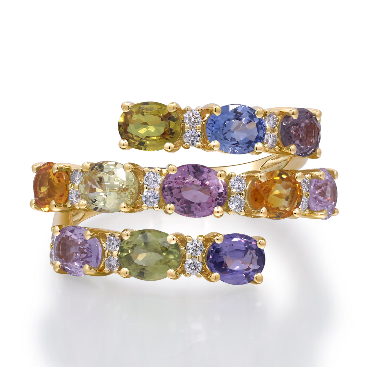 Yellow Gold Sapphire And Diamond Rainbow Bypass Ring 14k Rings