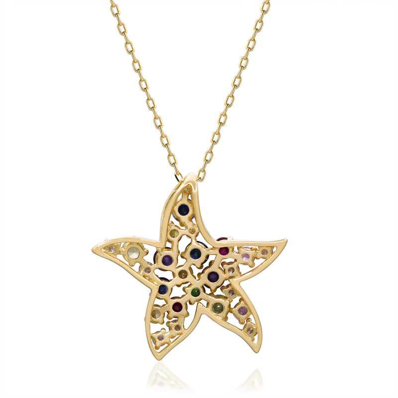 Yellow Gold Sapphire And Diamond Starfish Pendant 14k