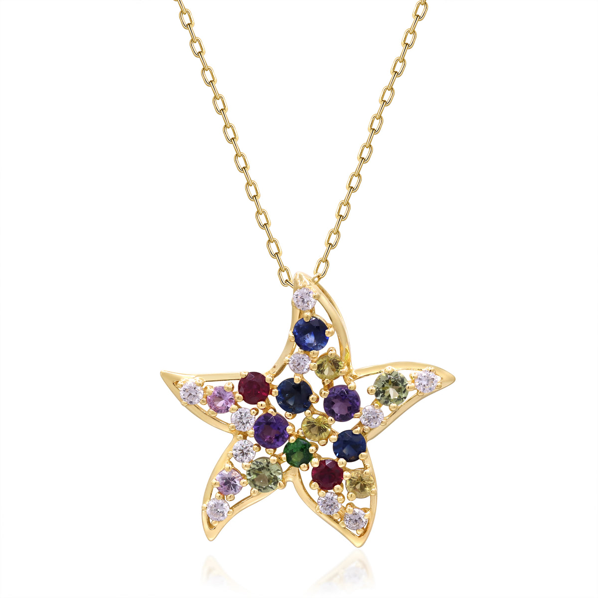 Yellow Gold Sapphire And Diamond Starfish Pendant 14k