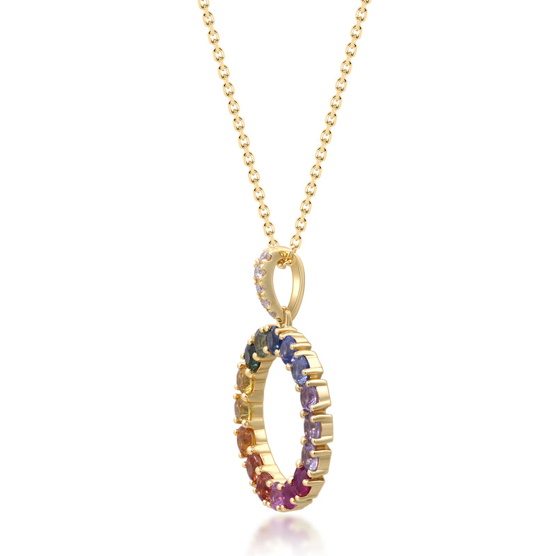 Yellow Gold Rainbow Sapphire Circle Pendant 14k