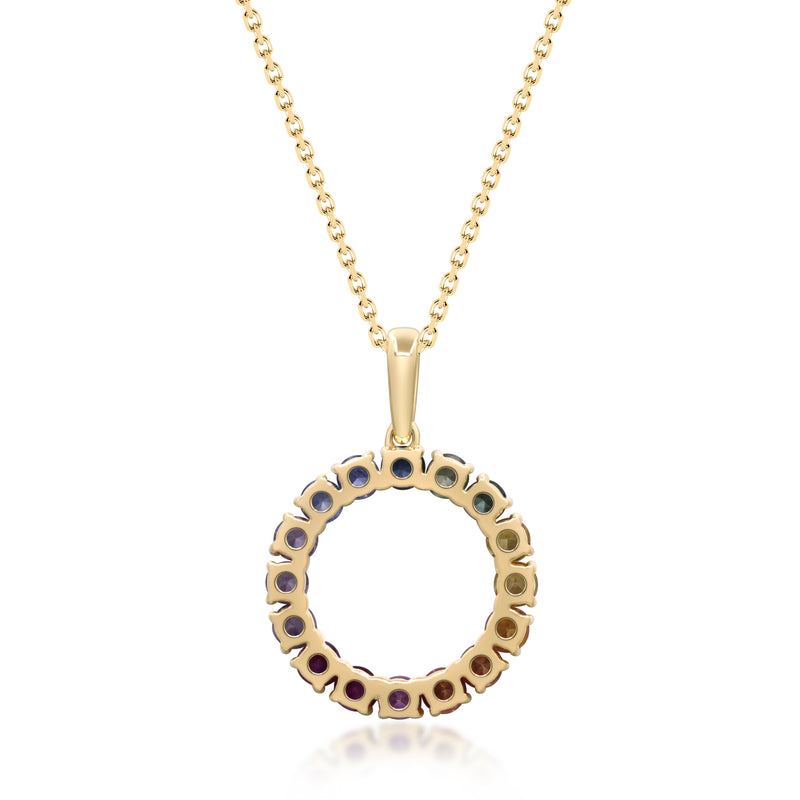 Yellow Gold Rainbow Sapphire Circle Pendant 14k