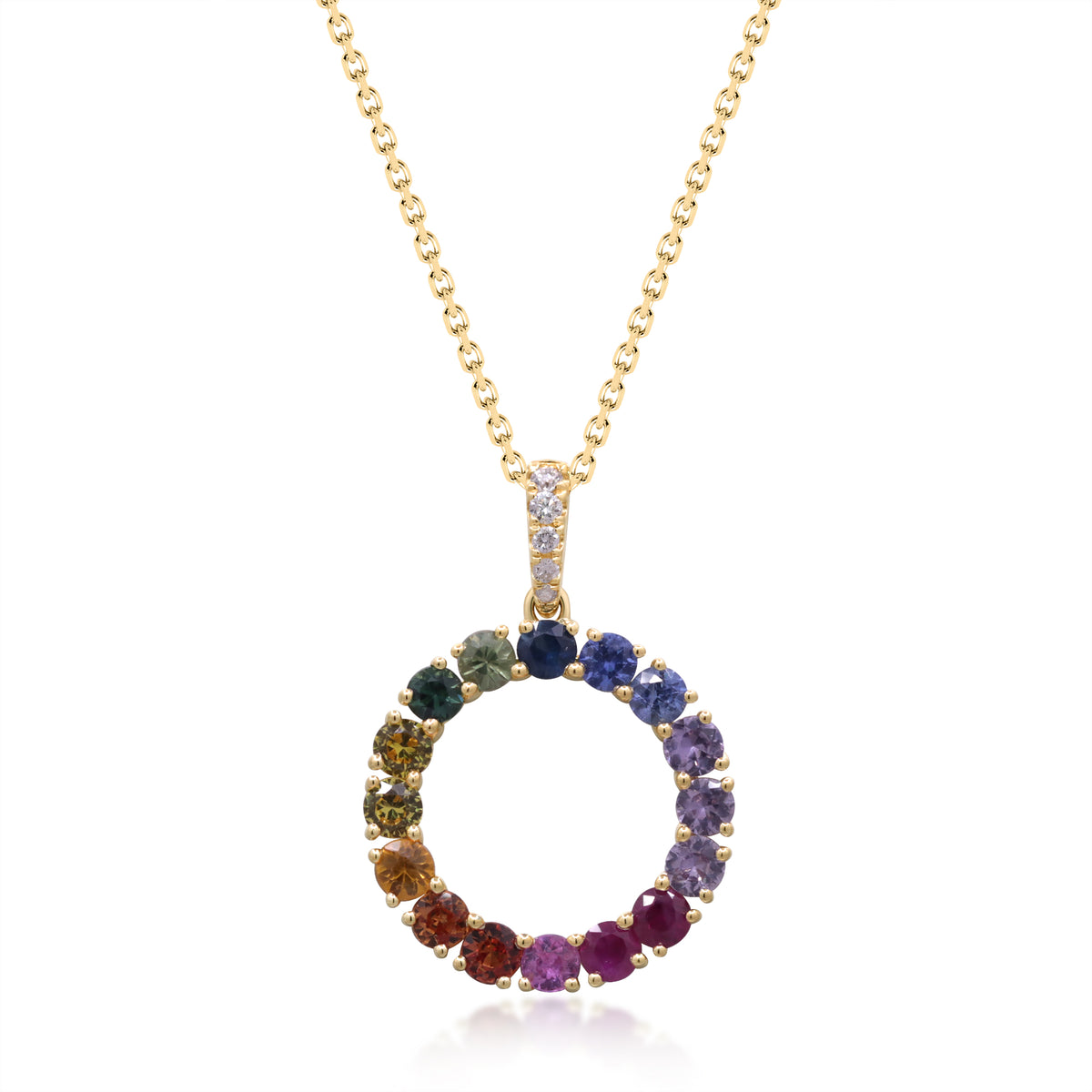 Yellow Gold Rainbow Sapphire Circle Pendant 14k