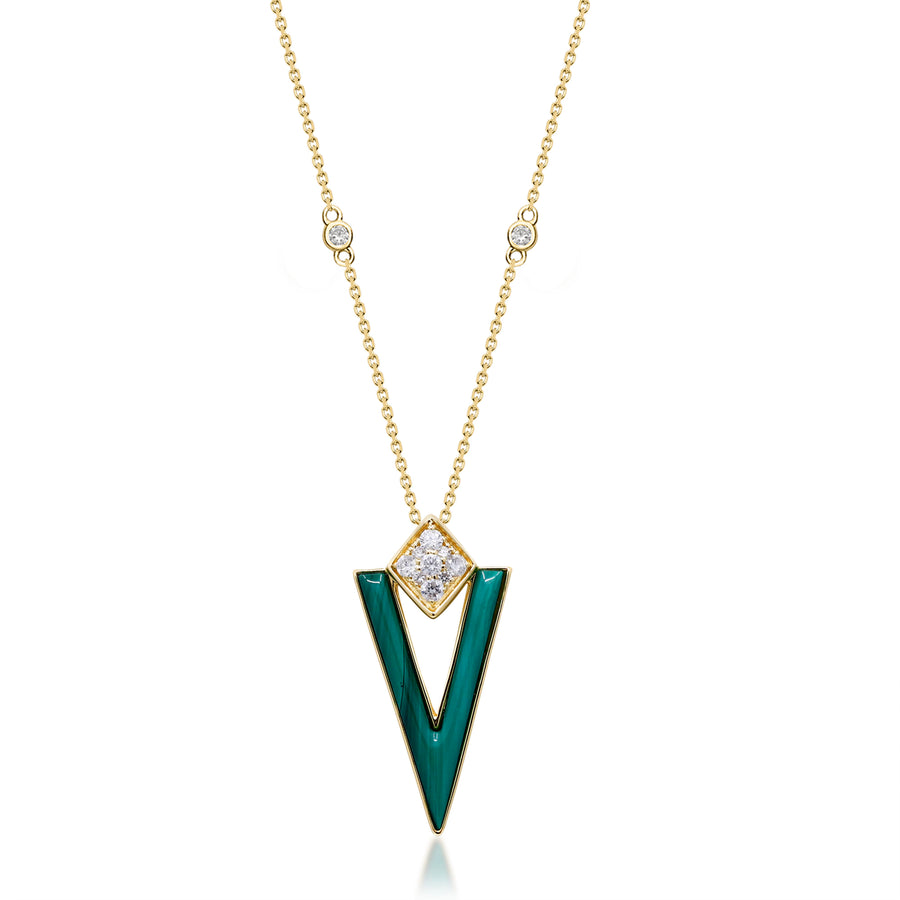 Yellow Gold Malachite And Diamond V Pendant 14k
