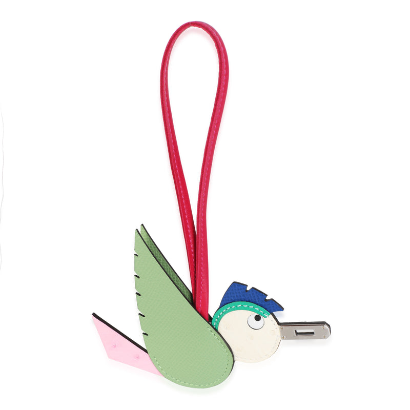 Hermès Vert Criquet Bubblegum Naturel Bleu Epsom Ostrich Mysore Birdy Charm Blue; Green; Multicolor; Neutral; Pink Exotic; Leather Bag Charms