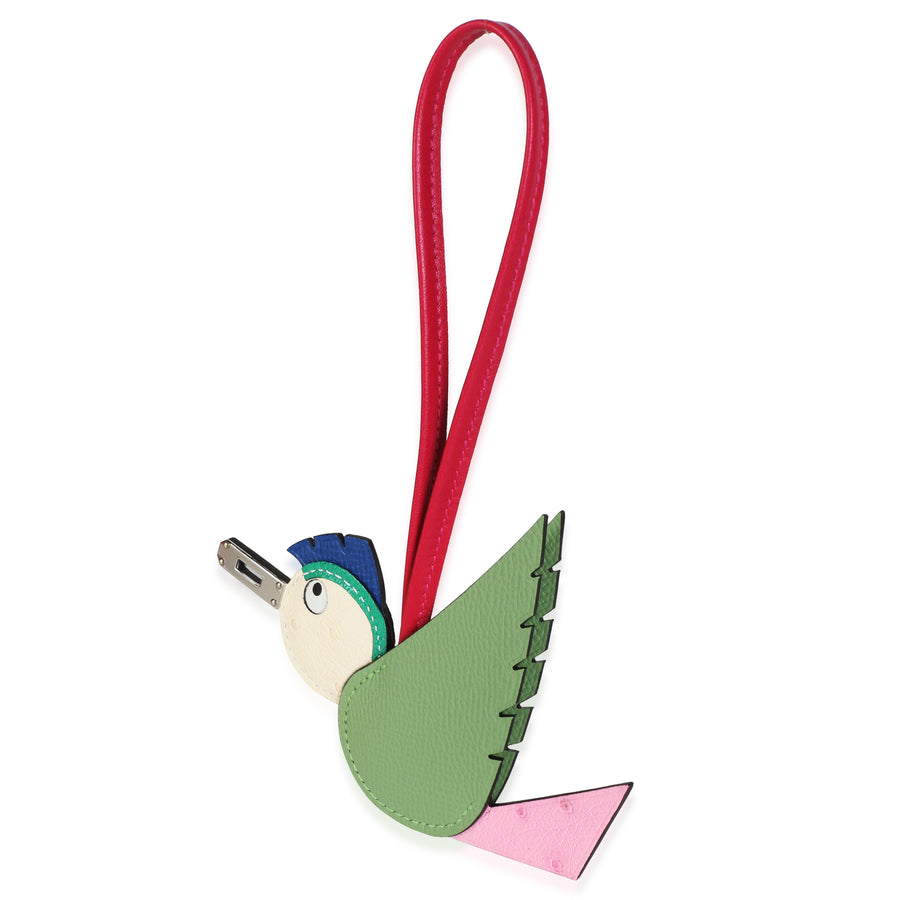 Hermès Vert Criquet Bubblegum Naturel Bleu Epsom Ostrich Mysore Birdy Charm Blue; Green; Multicolor; Neutral; Pink Exotic; Leather Bag Charms
