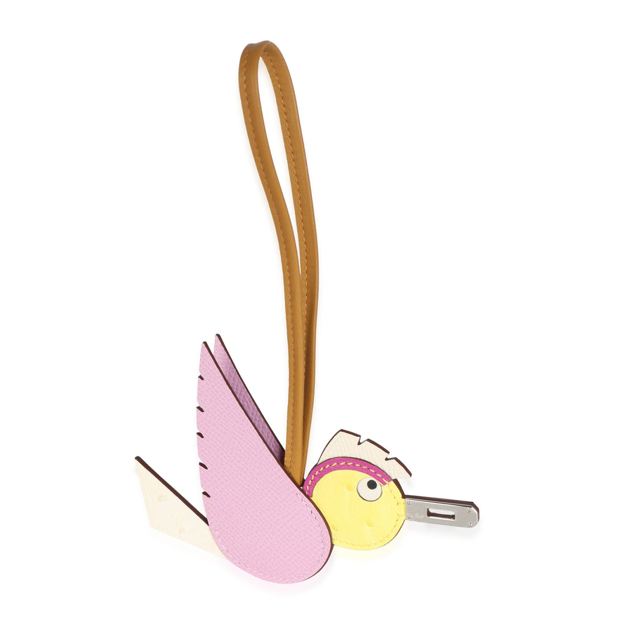 Hermès Mauve Sylvestre Nata Jaune Sesame Ostrich Epsom Swift Birdy Charm Multicolor; Neutral; Pink; Yellow Exotic; Leather Bag Charms