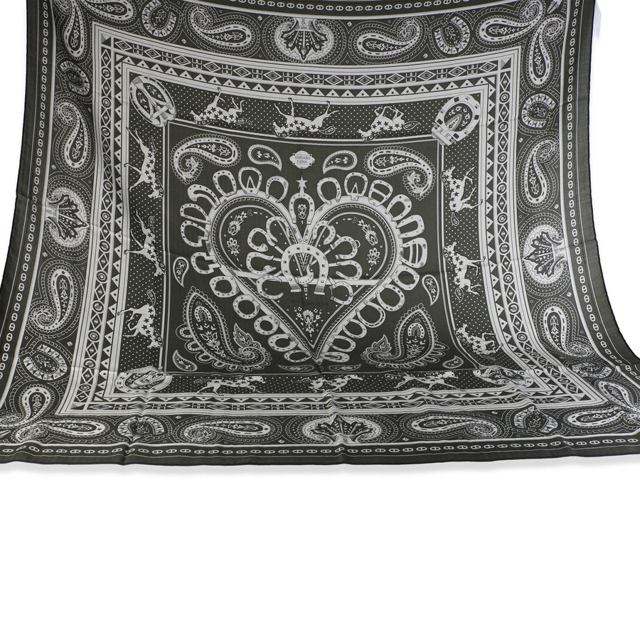 Hermès Kaki Blanc Noir Cashmere Silk Cheval De Coeur Bandana Shawl 140 Black; Green; Multicolor; Neutral Fabric; Scarves/wraps