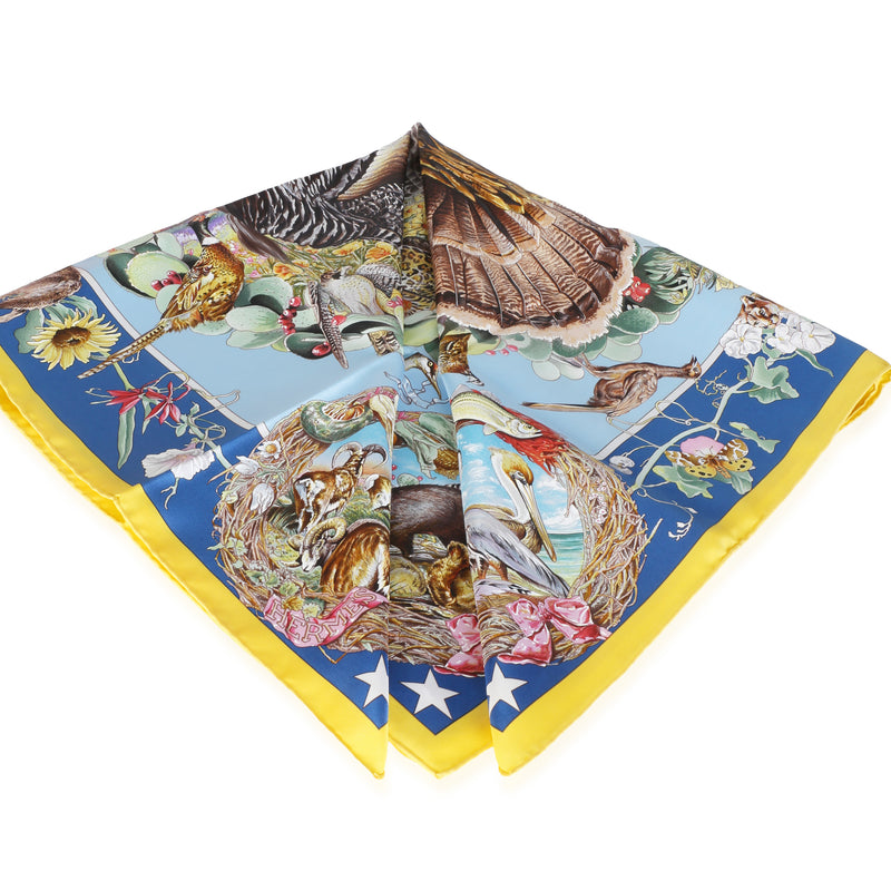 Hermès Jaune Vif Bleu Azur Multicolor Silk Faune Et Flore Du Texas Scarf 90 Scarves/wraps