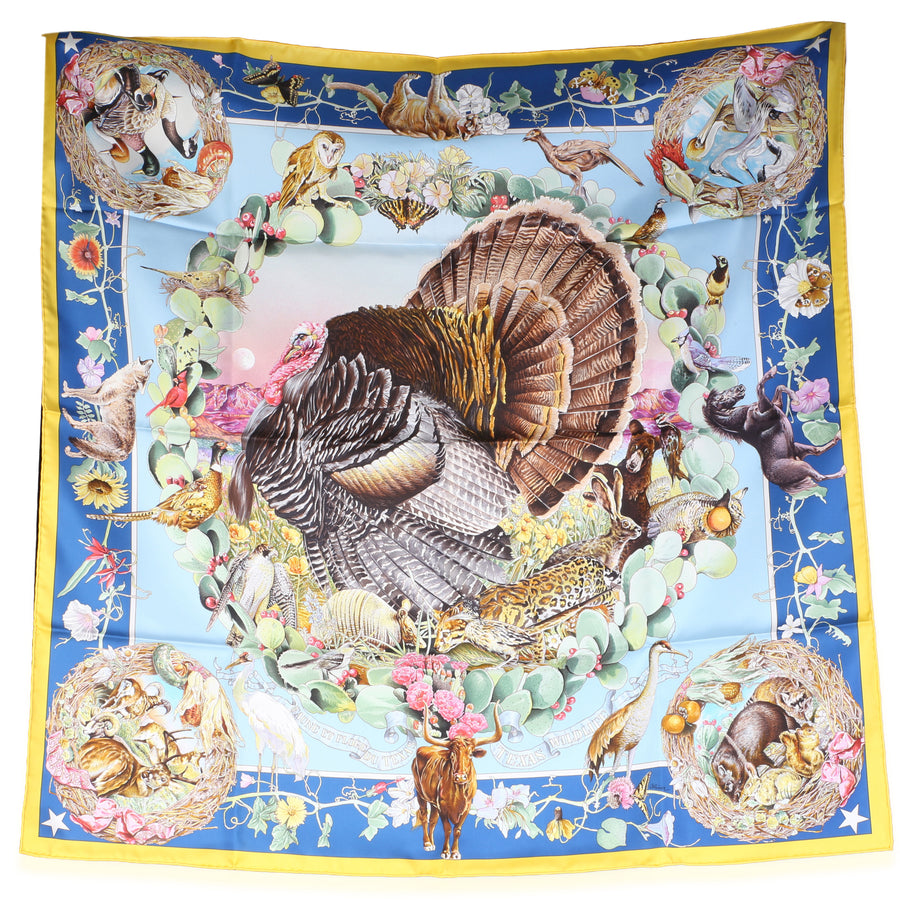 Hermès Jaune Vif Bleu Azur Multicolor Silk Faune Et Flore Du Texas Scarf 90 Scarves/wraps
