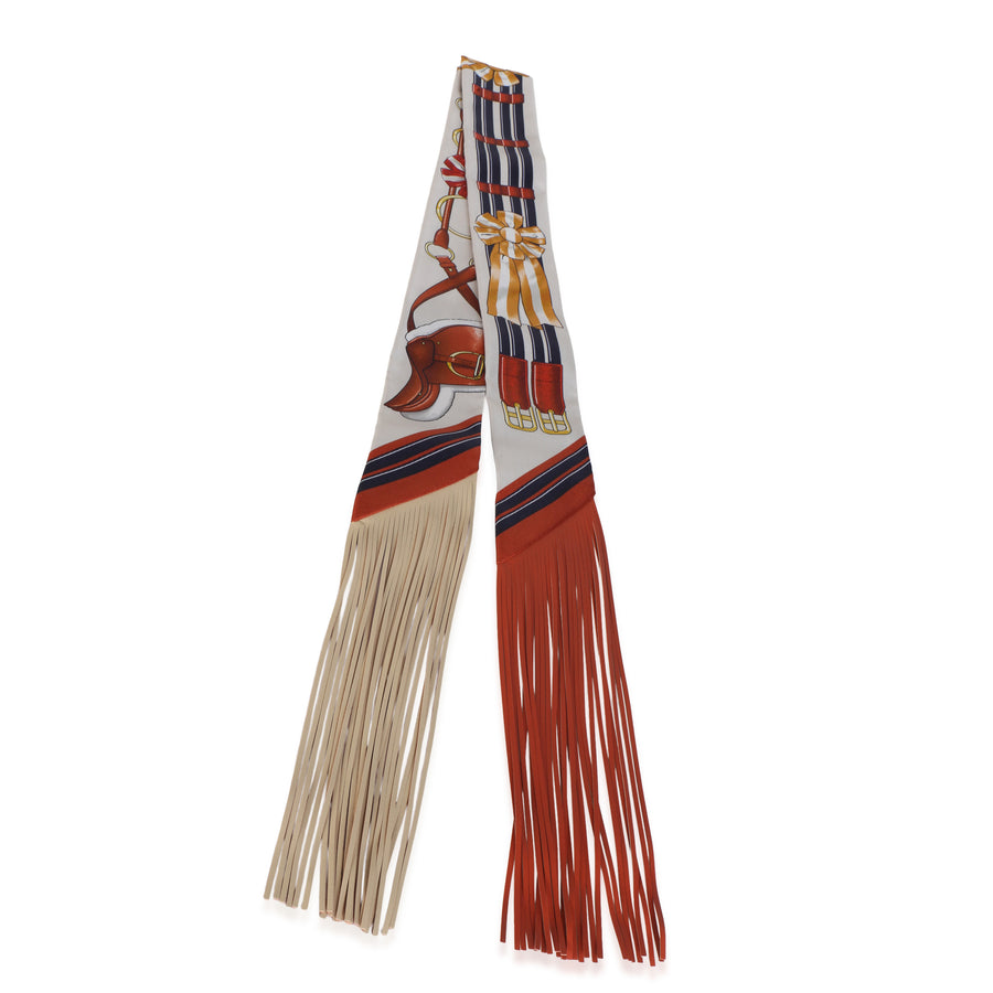 Hermès Creme Alezan Anthracite Silk Jumping Fringe Twilly Multicolor; Neutral Scarves/wraps