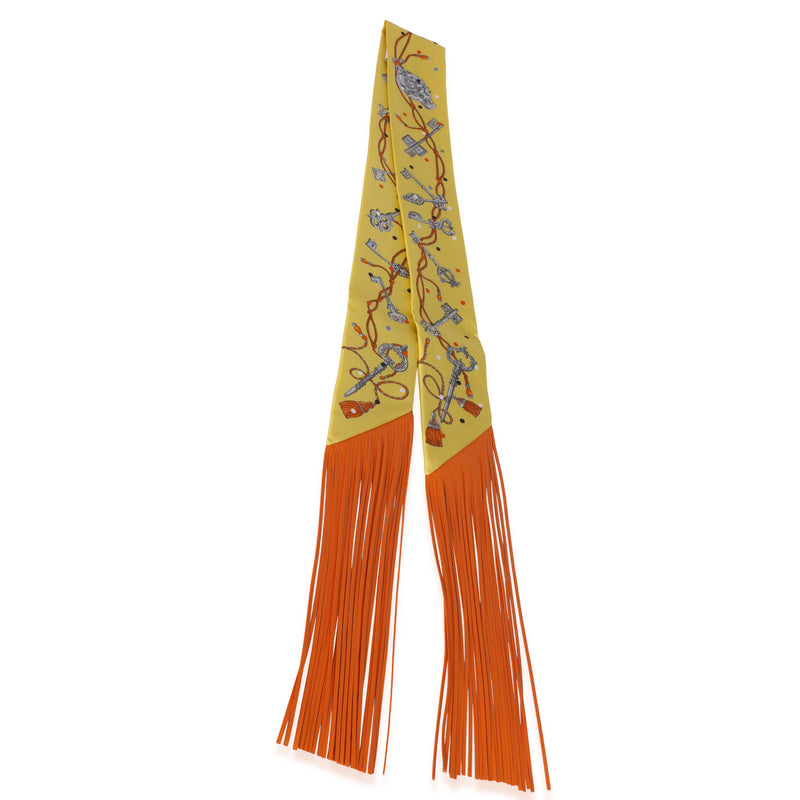 Hermès Jaune Argent Orange Vif Silk Les Cles A Pois Fringe Twilly Multicolor; Orange; Yellow Scarves/wraps