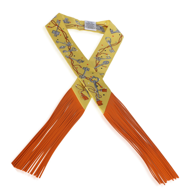 Hermès Jaune Argent Orange Vif Silk Les Cles A Pois Fringe Twilly Multicolor; Orange; Yellow Scarves/wraps