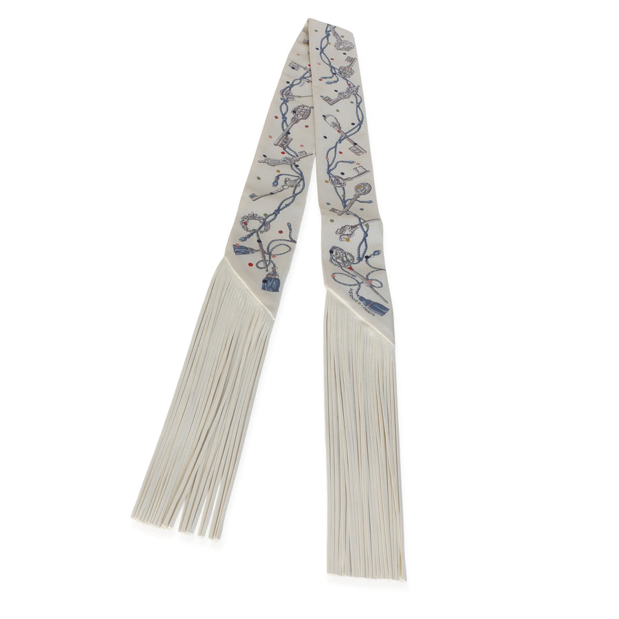 Hermès Creme Gris Perle Multicolore Silk Lambskin Les Cles A Pois Fringe Twilly Scarves/wraps