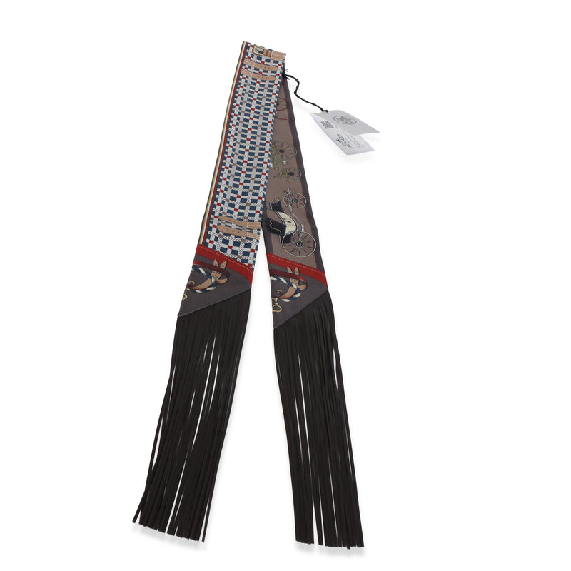 Hermès Bleu Rouge H Marron Glace Les Voitures Nouvelles Silk Fringe Twilly Scarves/wraps
