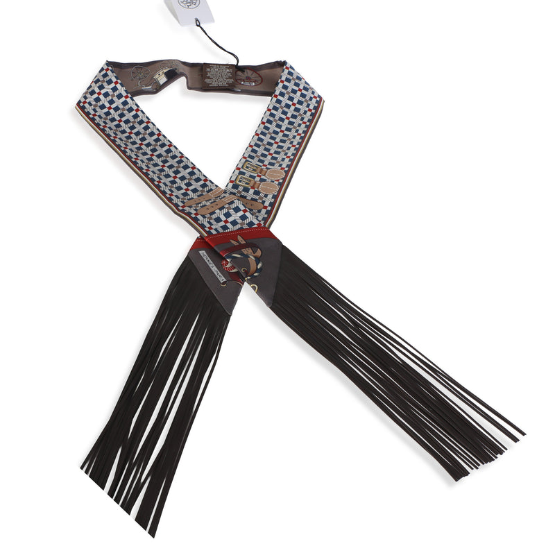 Hermès Bleu Rouge H Marron Glace Les Voitures Nouvelles Silk Fringe Twilly Scarves/wraps