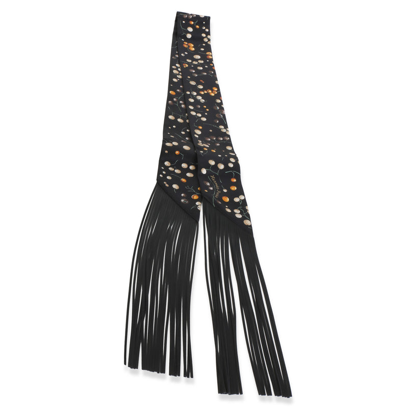 Hermès Noir Beige Dore Orange Silk Red Berries Fringe Twilly Scarves/wraps