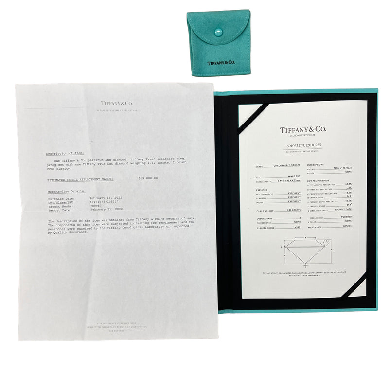Tiffany & Co. 1.3 Ct Cut Cornered Square Diamond True Solitaire 950 Engagement Ring