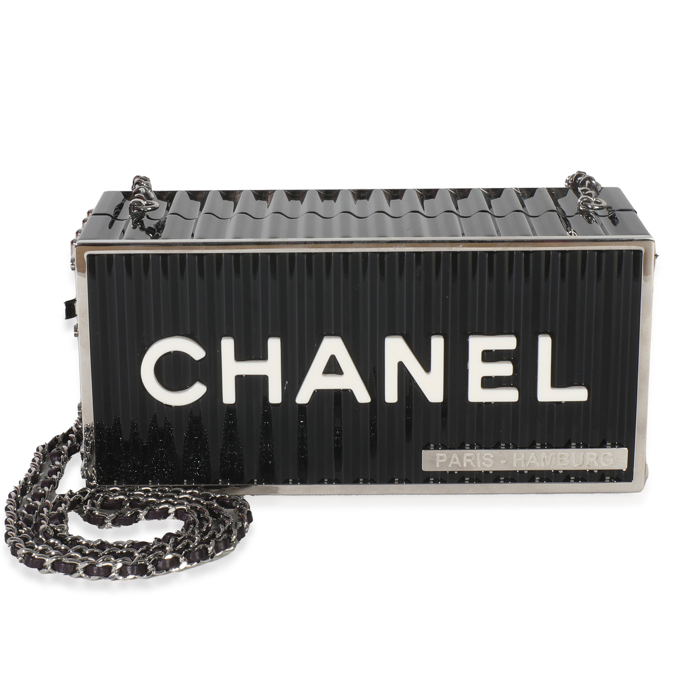 Chanel 18a Black Lucite Paris Hamburg Minaudiere Shipping Container Clutch Plastic Handbag