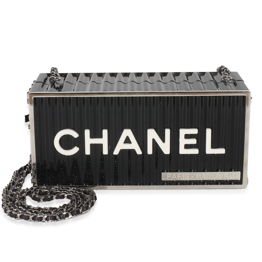 Chanel 18a Black Lucite Paris Hamburg Minaudiere Shipping Container Clutch Plastic Handbag