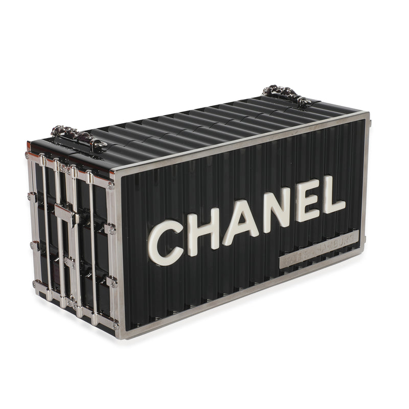Chanel 18a Black Lucite Paris Hamburg Minaudiere Shipping Container Clutch Plastic Handbag