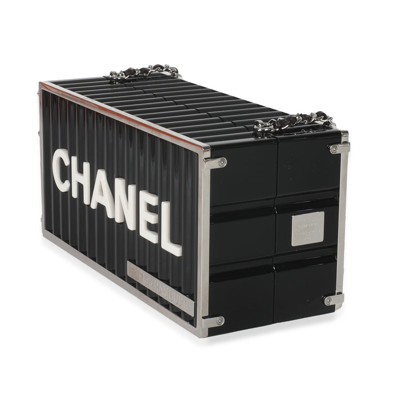 Chanel 18a Black Lucite Paris Hamburg Minaudiere Shipping Container Clutch Plastic Handbag