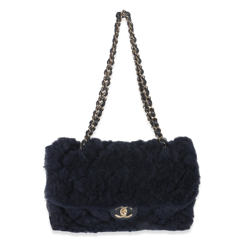 Chanel Navy Shearling Quilted Lambskin Medium Flap Bag Blue Fabric; Leather Handbag