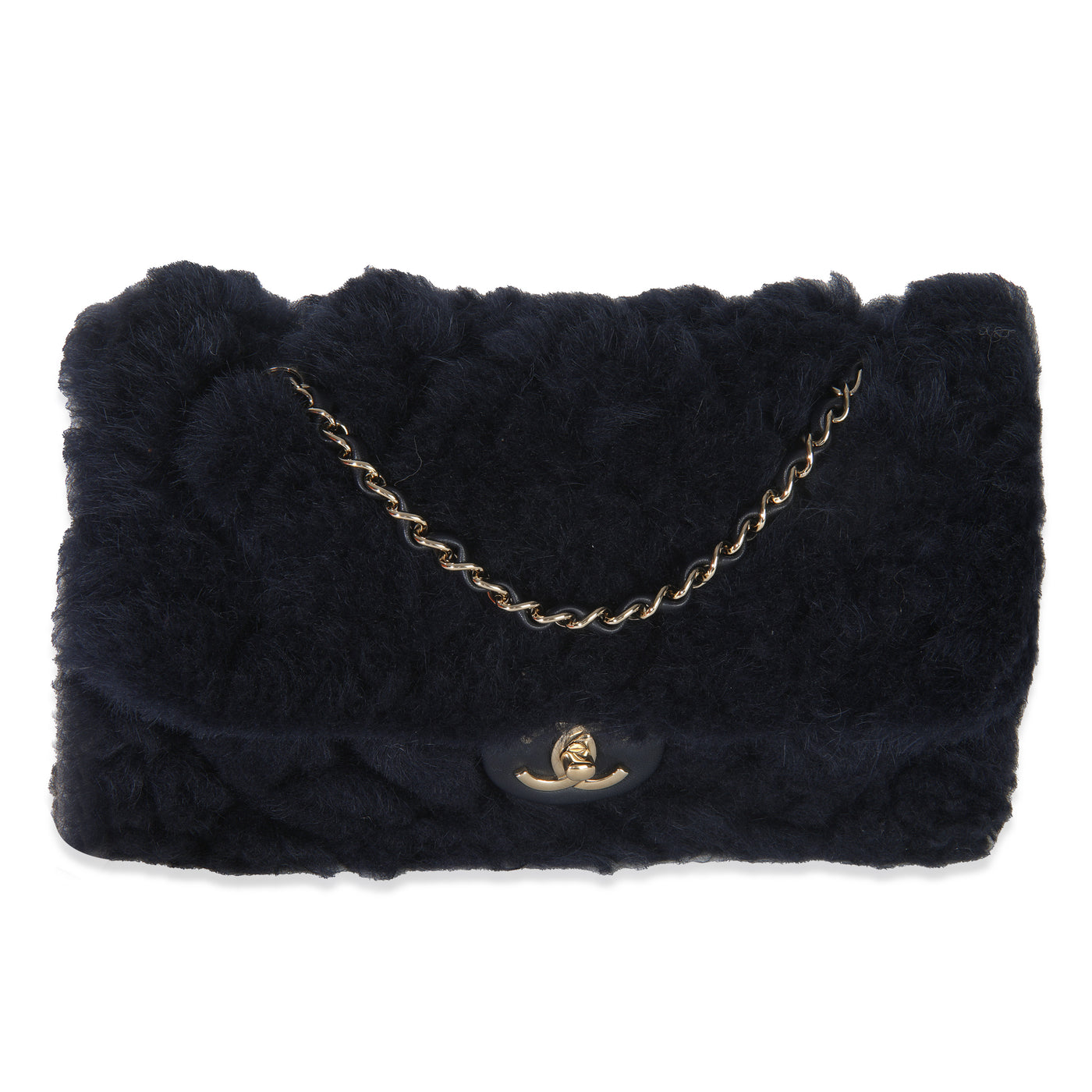 Chanel Navy Shearling Quilted Lambskin Medium Flap Bag Blue Fabric; Leather Handbag