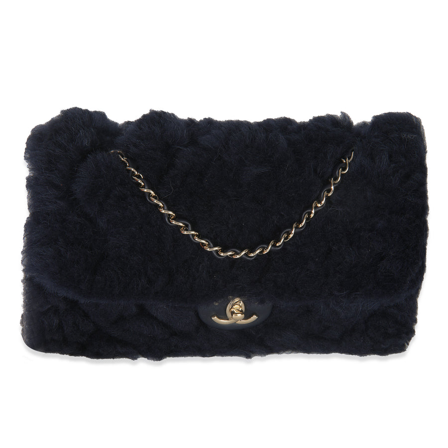 Chanel Navy Shearling Quilted Lambskin Medium Flap Bag Blue Fabric; Leather Handbag