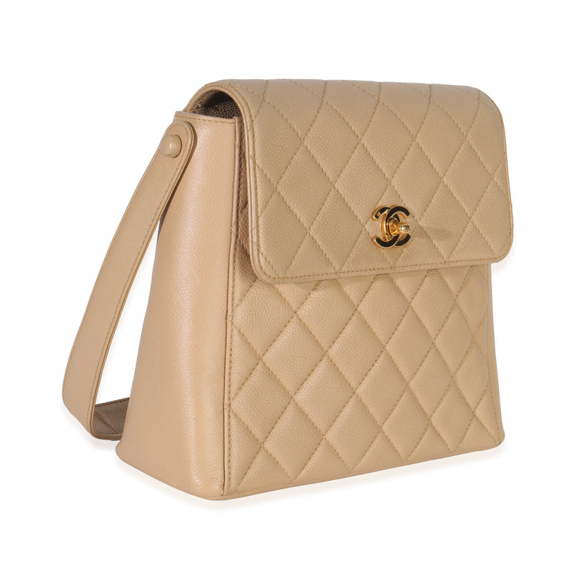 Chanel Vintage 24k Beige Quilted Caviar Cc Shoulder Handbag Leather