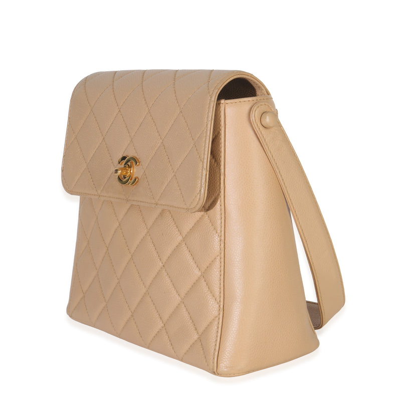 Chanel Vintage 24k Beige Quilted Caviar Cc Shoulder Handbag Leather