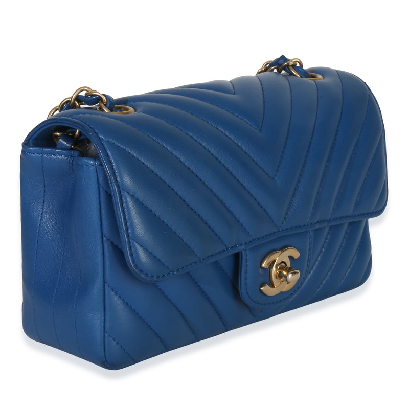 Chanel Blue Lambskin Chevron Mini Rectangular Flap Bag Leather Handbag