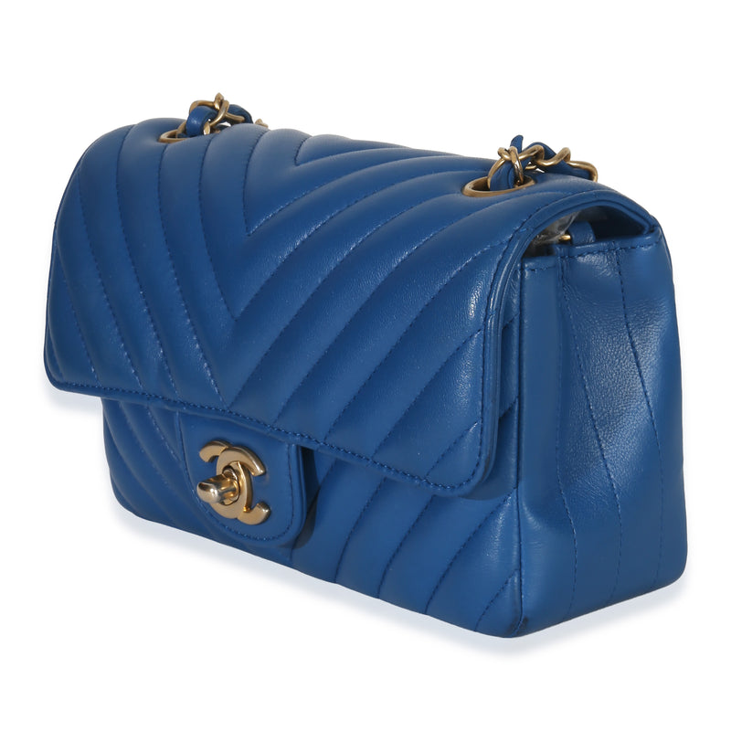 Chanel Blue Lambskin Chevron Mini Rectangular Flap Bag Leather Handbag