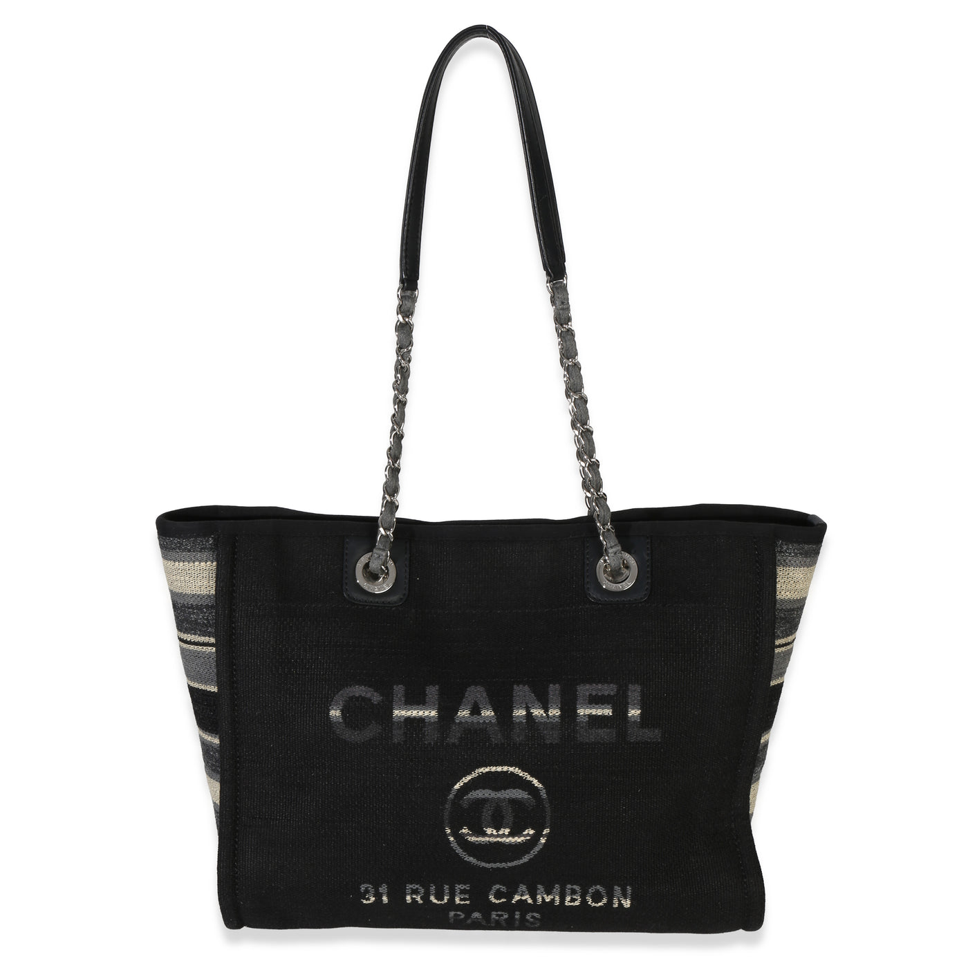 Chanel Blue Canvas Striped Small Deauville Shopping Tote Black Handbag