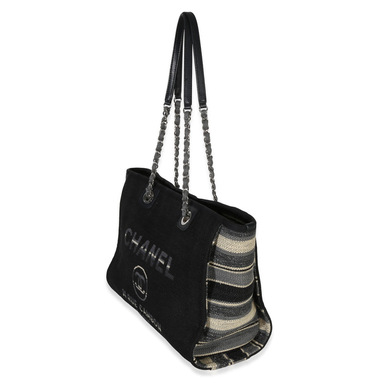 Chanel Blue Canvas Striped Small Deauville Shopping Tote Black Handbag